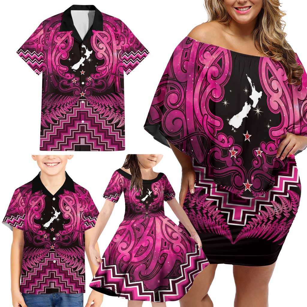 Personalised Aotearoa Matariki Family Matching Off Shoulder Short Dress and Hawaiian Shirt Pink Fern Maori Poutama