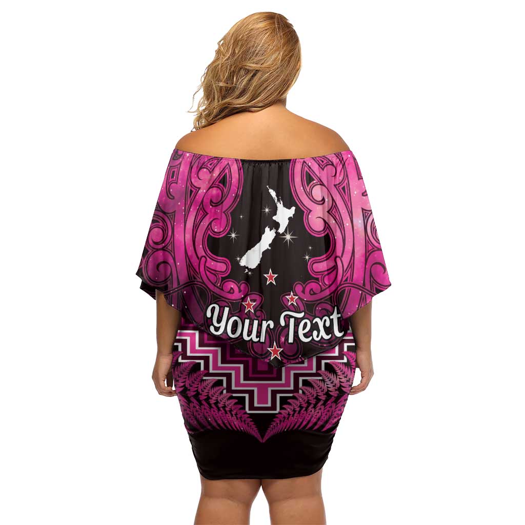 Personalised Aotearoa Matariki Family Matching Off Shoulder Short Dress and Hawaiian Shirt Pink Fern Maori Poutama