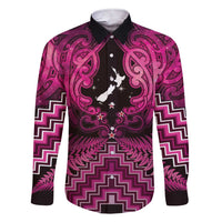 Personalised Aotearoa Matariki Family Matching Short Sleeve Bodycon Dress and Hawaiian Shirt Pink Fern Maori Poutama LT01 Dad's Shirt - Long Sleeve Pink - Polynesian Pride