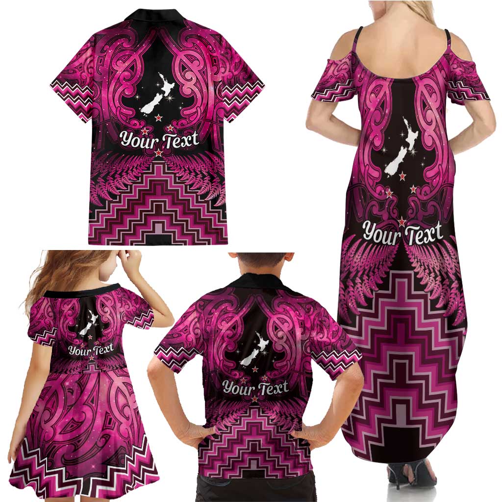 Personalised Aotearoa Matariki Family Matching Summer Maxi Dress and Hawaiian Shirt Pink Fern Maori Poutama LT01 - Polynesian Pride
