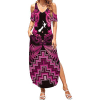 Personalised Aotearoa Matariki Family Matching Summer Maxi Dress and Hawaiian Shirt Pink Fern Maori Poutama LT01 Mom's Dress Pink - Polynesian Pride