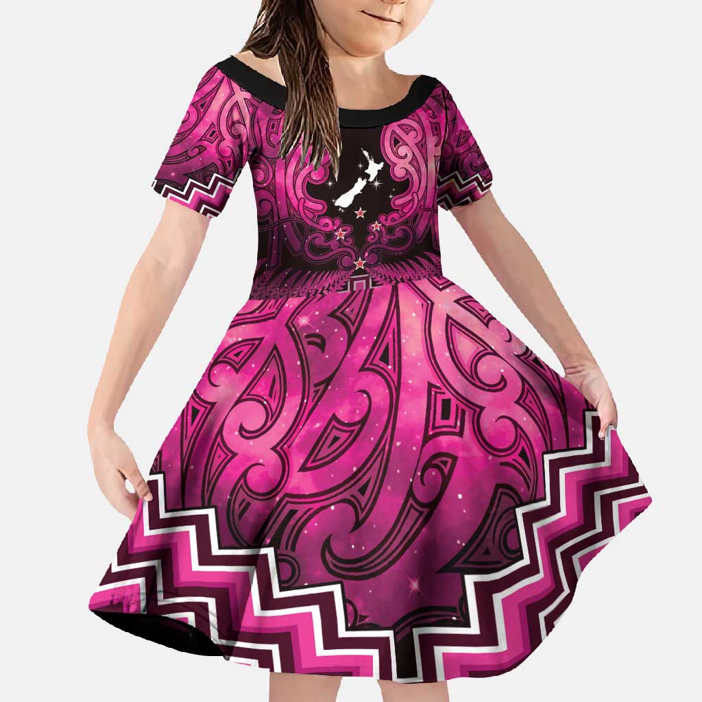 Personalised Aotearoa Matariki Family Matching Tank Maxi Dress and Hawaiian Shirt Pink Fern Maori Poutama LT01 Daughter's Dress Pink - Polynesian Pride