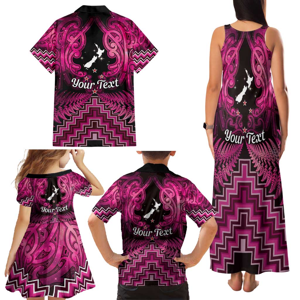 Personalised Aotearoa Matariki Family Matching Tank Maxi Dress and Hawaiian Shirt Pink Fern Maori Poutama LT01 - Polynesian Pride