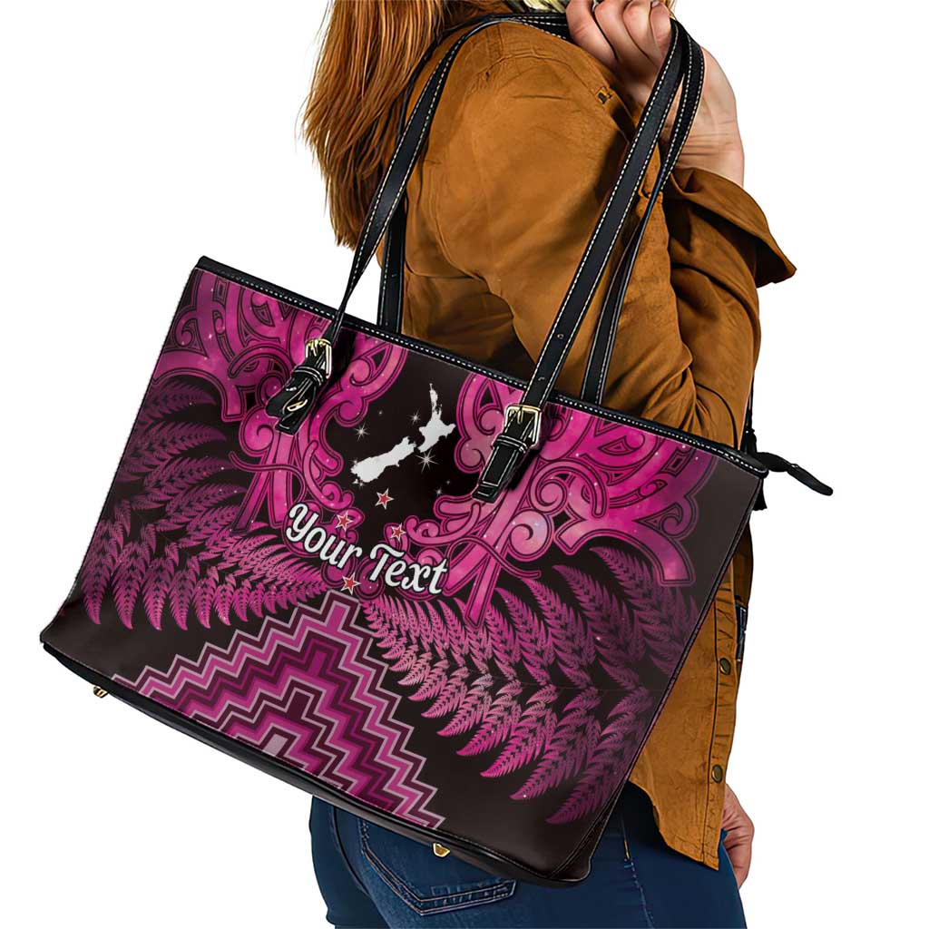 Personalised Aotearoa Matariki Leather Tote Bag Pink Fern Maori Poutama