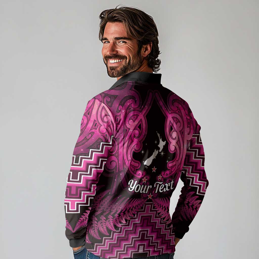 Personalised Aotearoa Matariki Long Sleeve Polo Shirt Pink Fern Maori Poutama