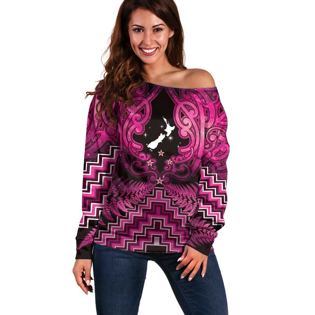 Personalised Aotearoa Matariki Off Shoulder Sweater Pink Fern Maori Poutama