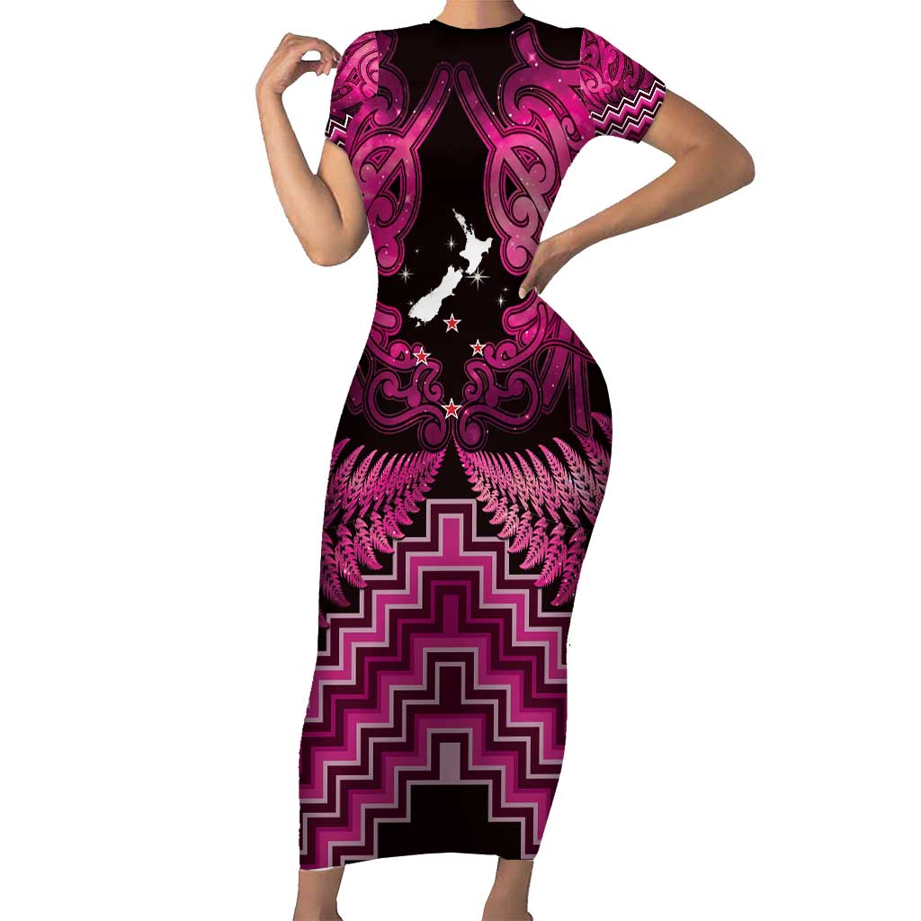 Personalised Aotearoa Matariki Short Sleeve Bodycon Dress Pink Fern Maori Poutama
