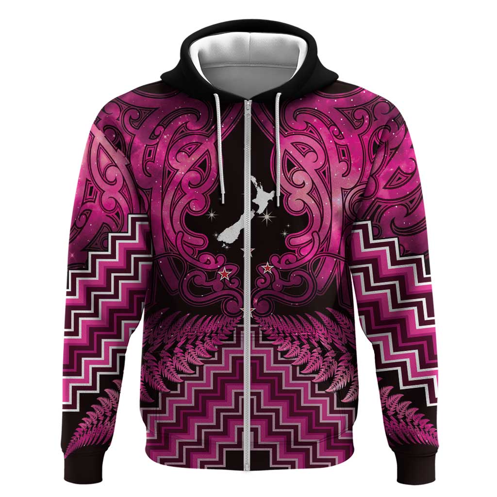 Personalised Aotearoa Matariki Zip Hoodie Pink Fern Maori Poutama