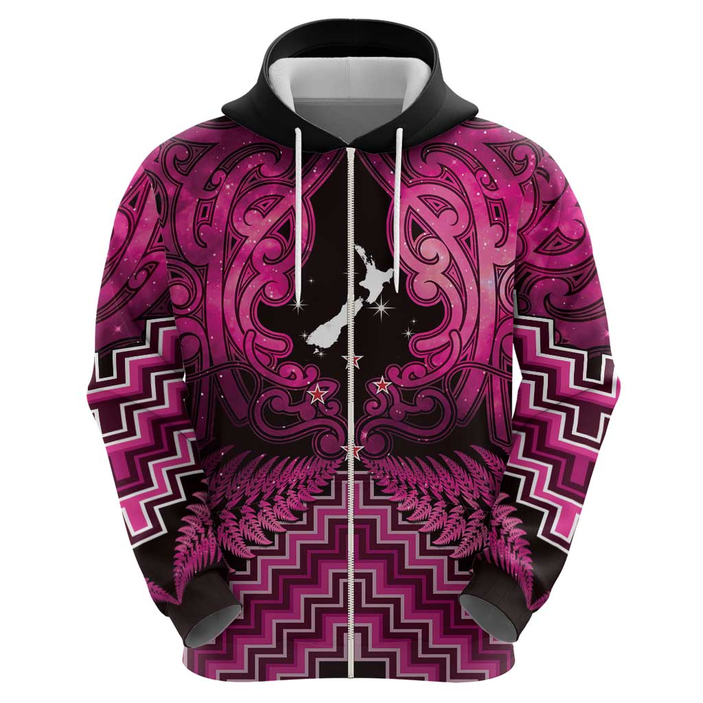 Personalised Aotearoa Matariki Zip Hoodie Pink Fern Maori Poutama