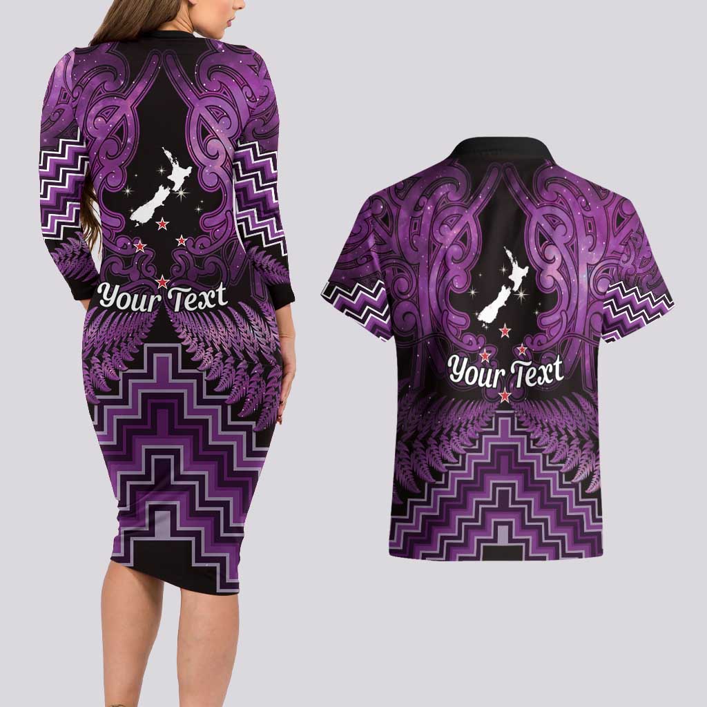 Personalised Aotearoa Matariki Couples Matching Long Sleeve Bodycon Dress and Hawaiian Shirt Purple Fern Maori Poutama LT01 - Polynesian Pride