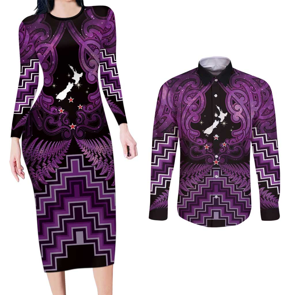 Personalised Aotearoa Matariki Couples Matching Long Sleeve Bodycon Dress and Long Sleeve Button Shirt Purple Fern Maori Poutama