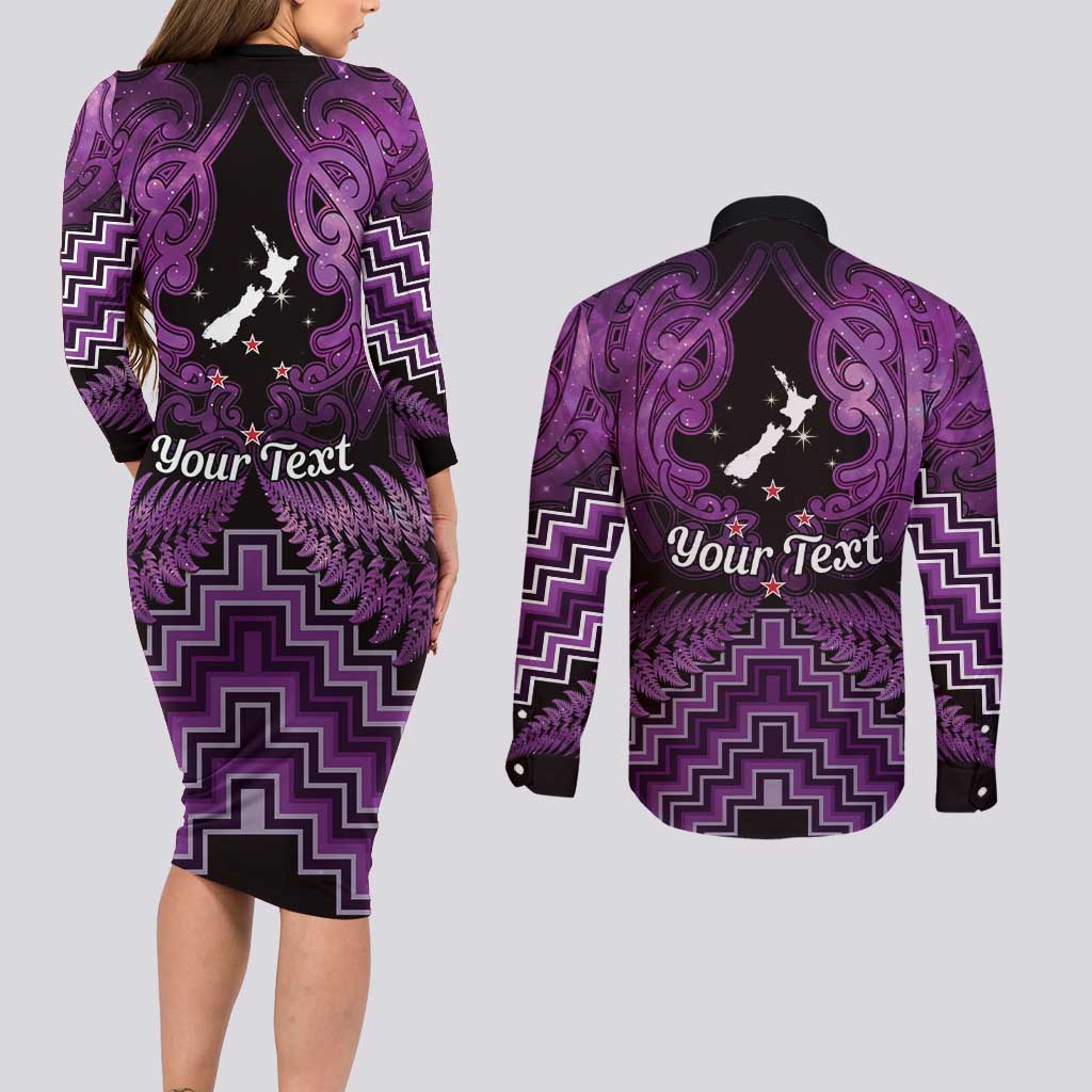 Personalised Aotearoa Matariki Couples Matching Long Sleeve Bodycon Dress and Long Sleeve Button Shirt Purple Fern Maori Poutama