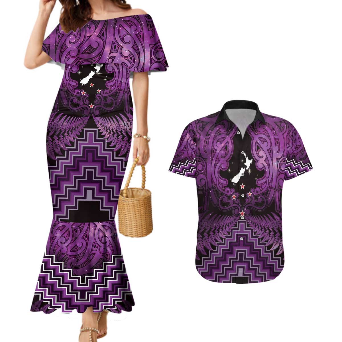 Personalised Aotearoa Matariki Couples Matching Mermaid Dress and Hawaiian Shirt Purple Fern Maori Poutama LT01 Purple - Polynesian Pride