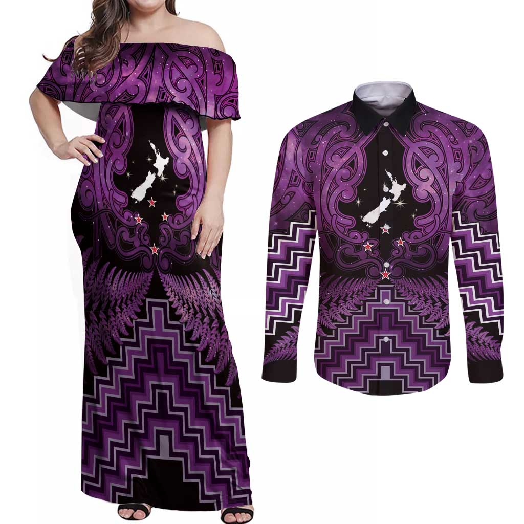 Personalised Aotearoa Matariki Couples Matching Off Shoulder Maxi Dress and Long Sleeve Button Shirt Purple Fern Maori Poutama LT01 Purple - Polynesian Pride