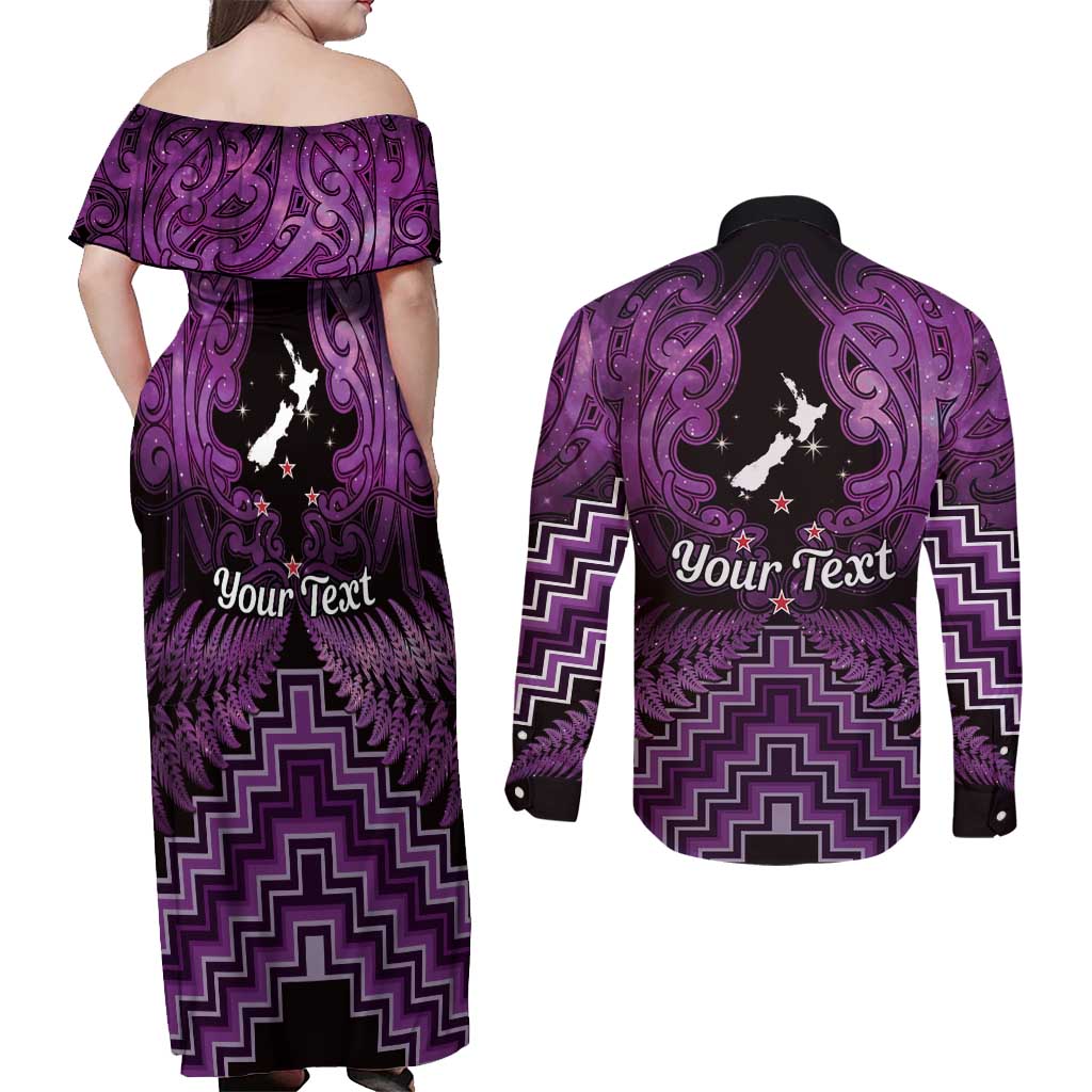Personalised Aotearoa Matariki Couples Matching Off Shoulder Maxi Dress and Long Sleeve Button Shirt Purple Fern Maori Poutama LT01 - Polynesian Pride