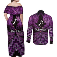 Personalised Aotearoa Matariki Couples Matching Off Shoulder Maxi Dress and Long Sleeve Button Shirt Purple Fern Maori Poutama LT01 - Polynesian Pride