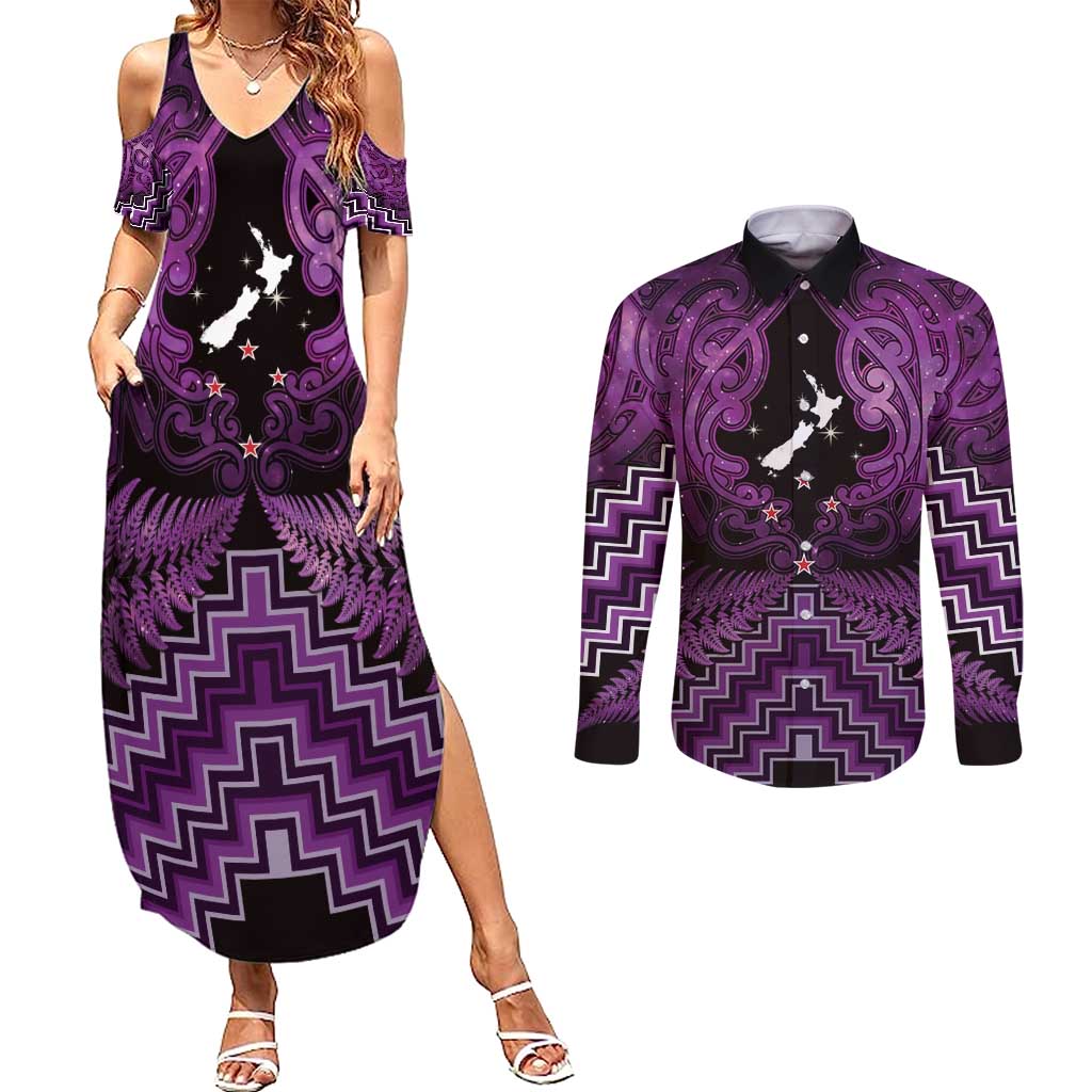 Personalised Aotearoa Matariki Couples Matching Summer Maxi Dress and Long Sleeve Button Shirt Purple Fern Maori Poutama