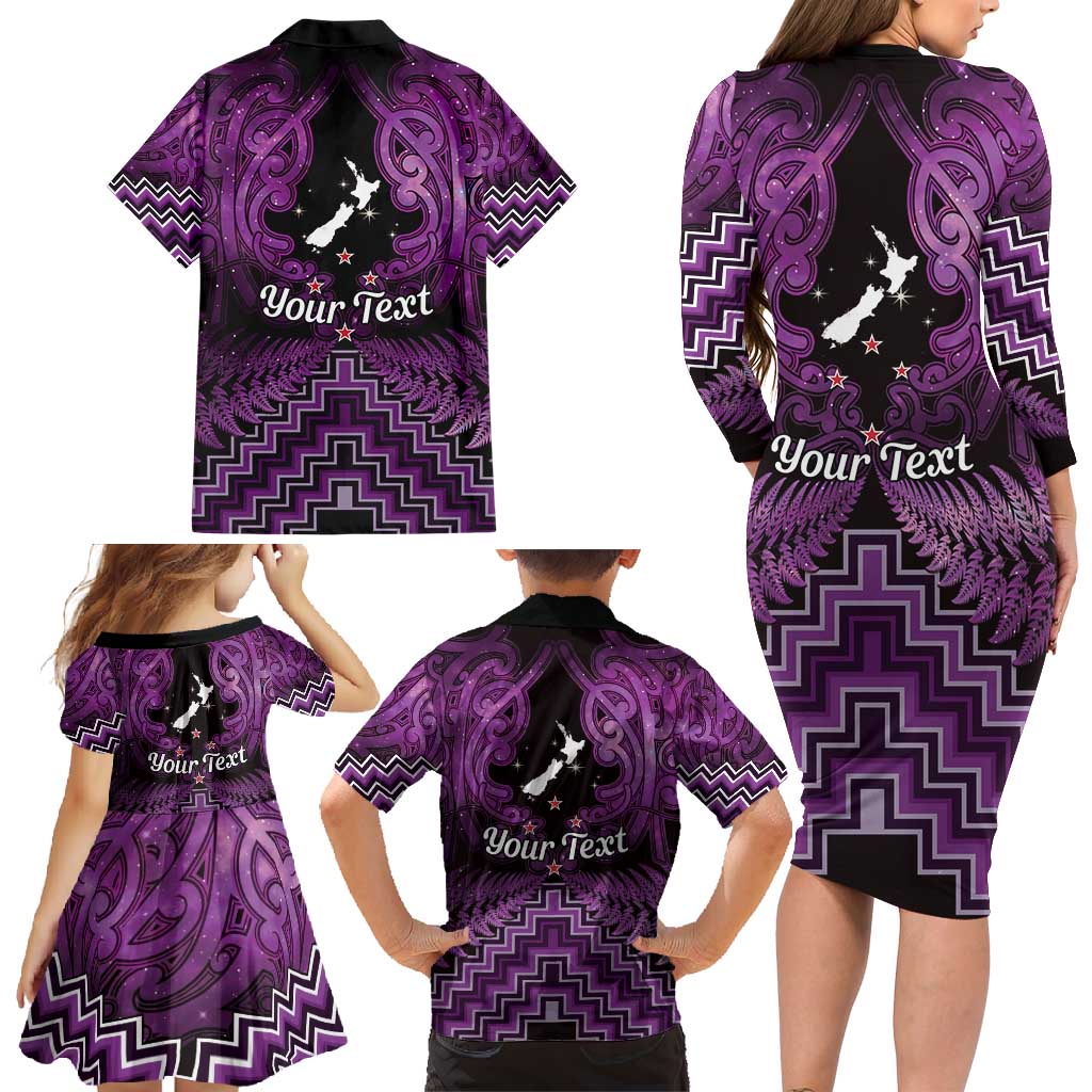 Personalised Aotearoa Matariki Family Matching Long Sleeve Bodycon Dress and Hawaiian Shirt Purple Fern Maori Poutama LT01 - Polynesian Pride
