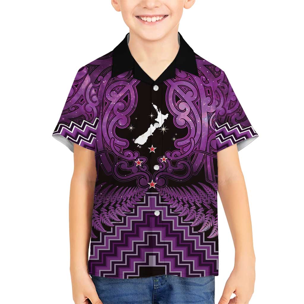 Personalised Aotearoa Matariki Family Matching Long Sleeve Bodycon Dress and Hawaiian Shirt Purple Fern Maori Poutama LT01 Son's Shirt Purple - Polynesian Pride
