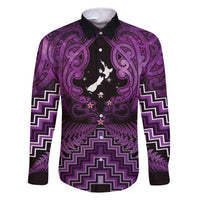 Personalised Aotearoa Matariki Family Matching Mermaid Dress and Hawaiian Shirt Purple Fern Maori Poutama LT01 Dad's Shirt - Long Sleeve Purple - Polynesian Pride