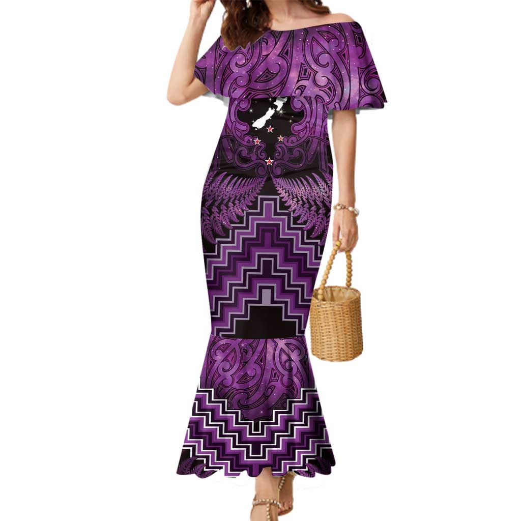 Personalised Aotearoa Matariki Family Matching Mermaid Dress and Hawaiian Shirt Purple Fern Maori Poutama LT01 Mom's Dress Purple - Polynesian Pride