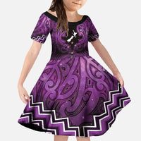Personalised Aotearoa Matariki Family Matching Off The Shoulder Long Sleeve Dress and Hawaiian Shirt Purple Fern Maori Poutama