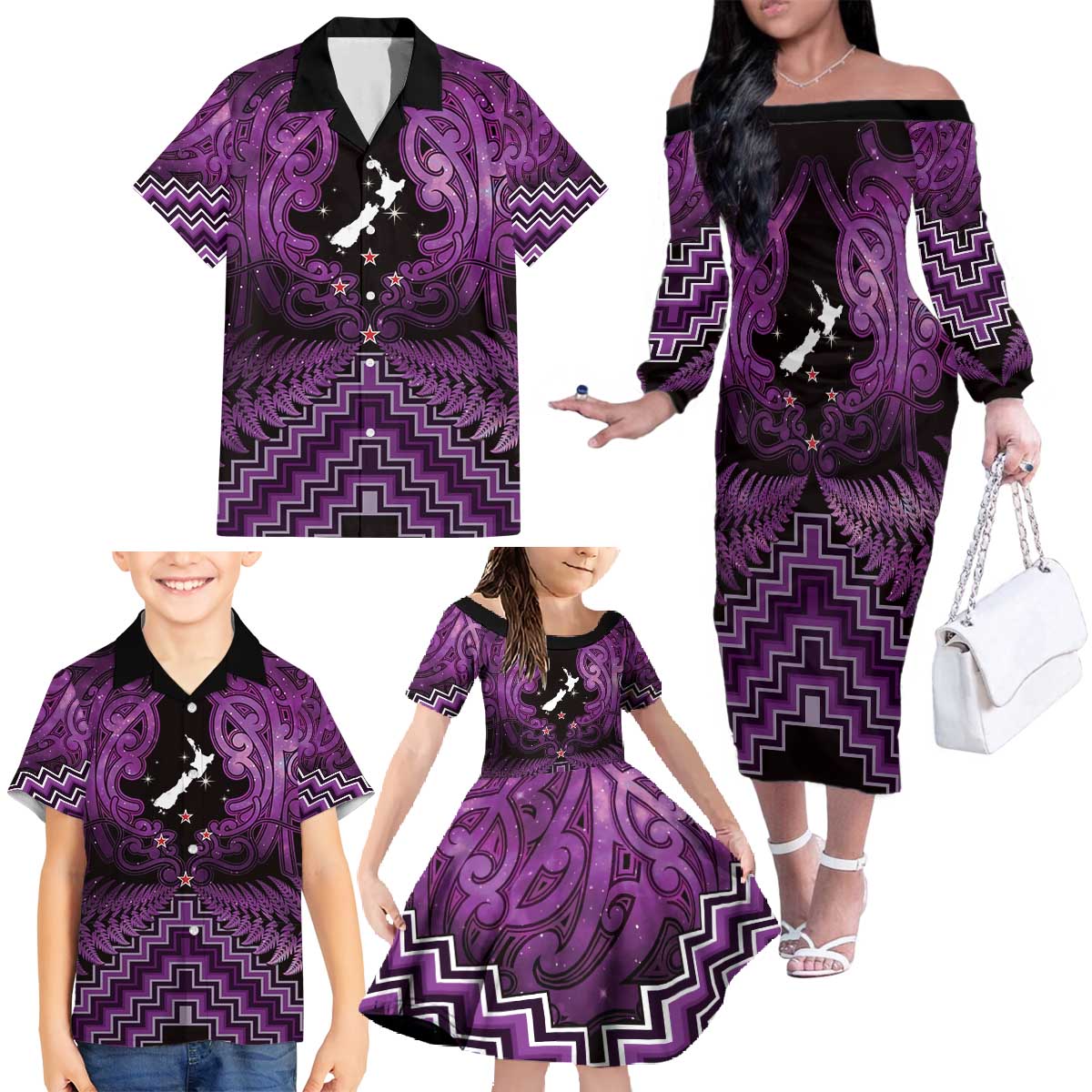 Personalised Aotearoa Matariki Family Matching Off The Shoulder Long Sleeve Dress and Hawaiian Shirt Purple Fern Maori Poutama