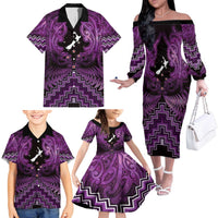 Personalised Aotearoa Matariki Family Matching Off The Shoulder Long Sleeve Dress and Hawaiian Shirt Purple Fern Maori Poutama