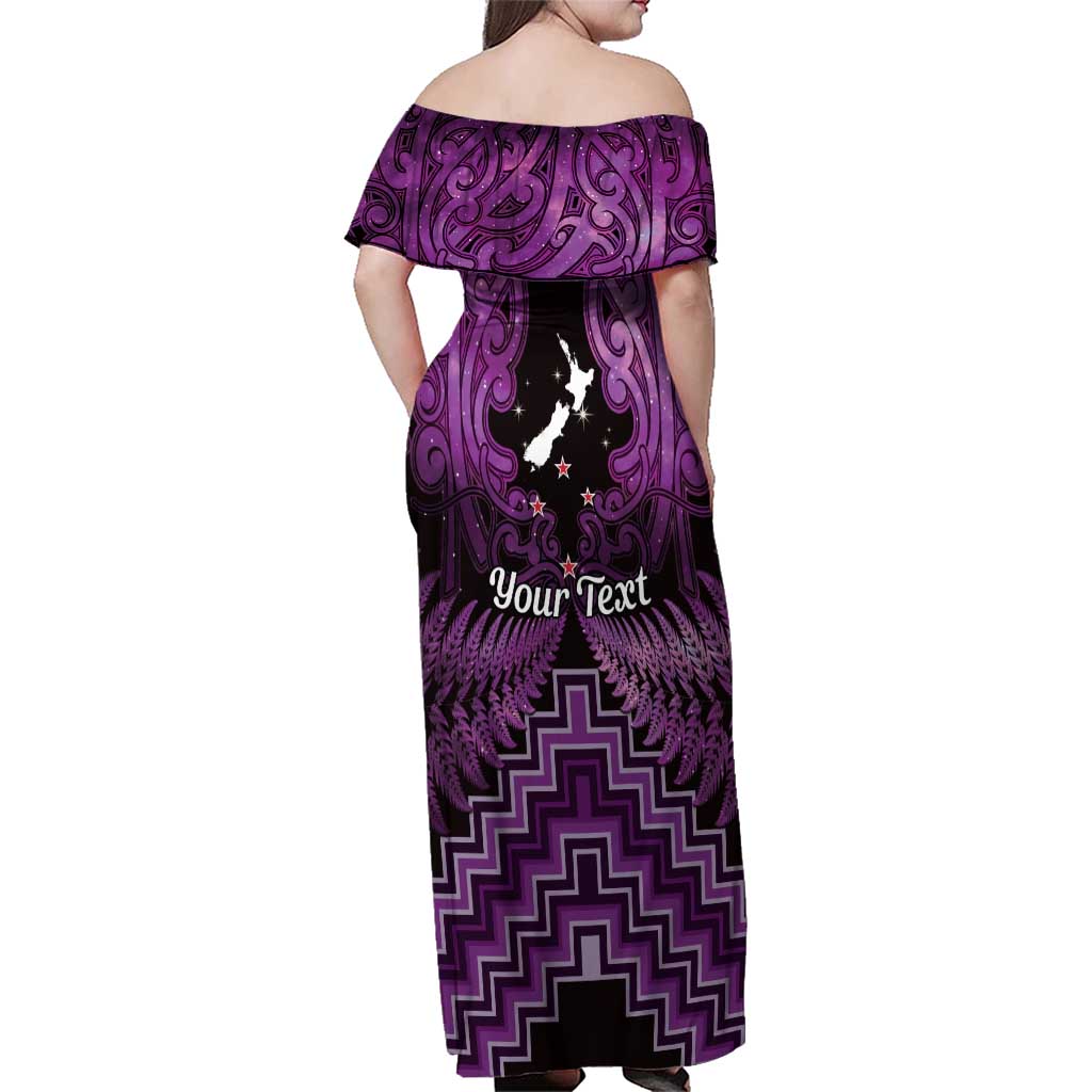Personalised Aotearoa Matariki Family Matching Off Shoulder Maxi Dress and Hawaiian Shirt Purple Fern Maori Poutama