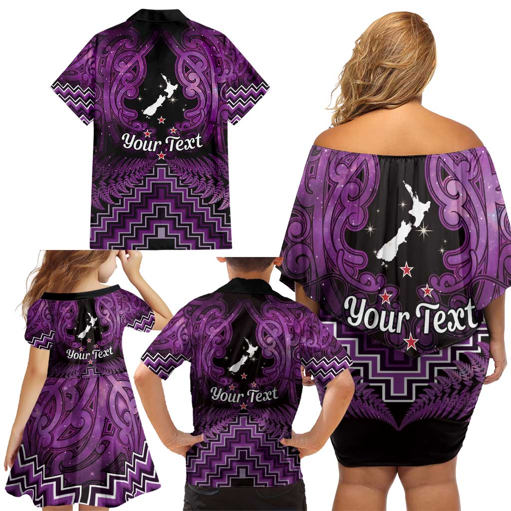 Personalised Aotearoa Matariki Family Matching Off Shoulder Short Dress and Hawaiian Shirt Purple Fern Maori Poutama