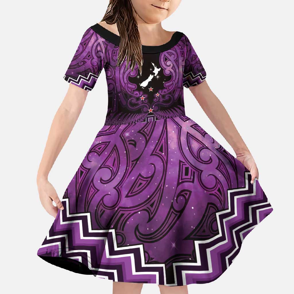 Personalised Aotearoa Matariki Family Matching Short Sleeve Bodycon Dress and Hawaiian Shirt Purple Fern Maori Poutama LT01 Daughter's Dress Purple - Polynesian Pride