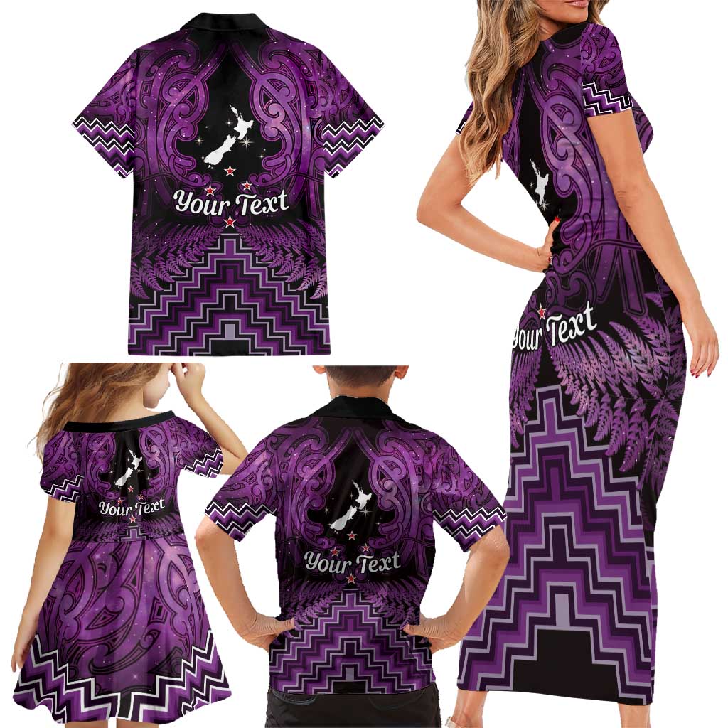 Personalised Aotearoa Matariki Family Matching Short Sleeve Bodycon Dress and Hawaiian Shirt Purple Fern Maori Poutama LT01 - Polynesian Pride