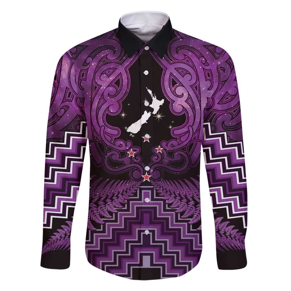 Personalised Aotearoa Matariki Family Matching Short Sleeve Bodycon Dress and Hawaiian Shirt Purple Fern Maori Poutama LT01 Dad's Shirt - Long Sleeve Purple - Polynesian Pride