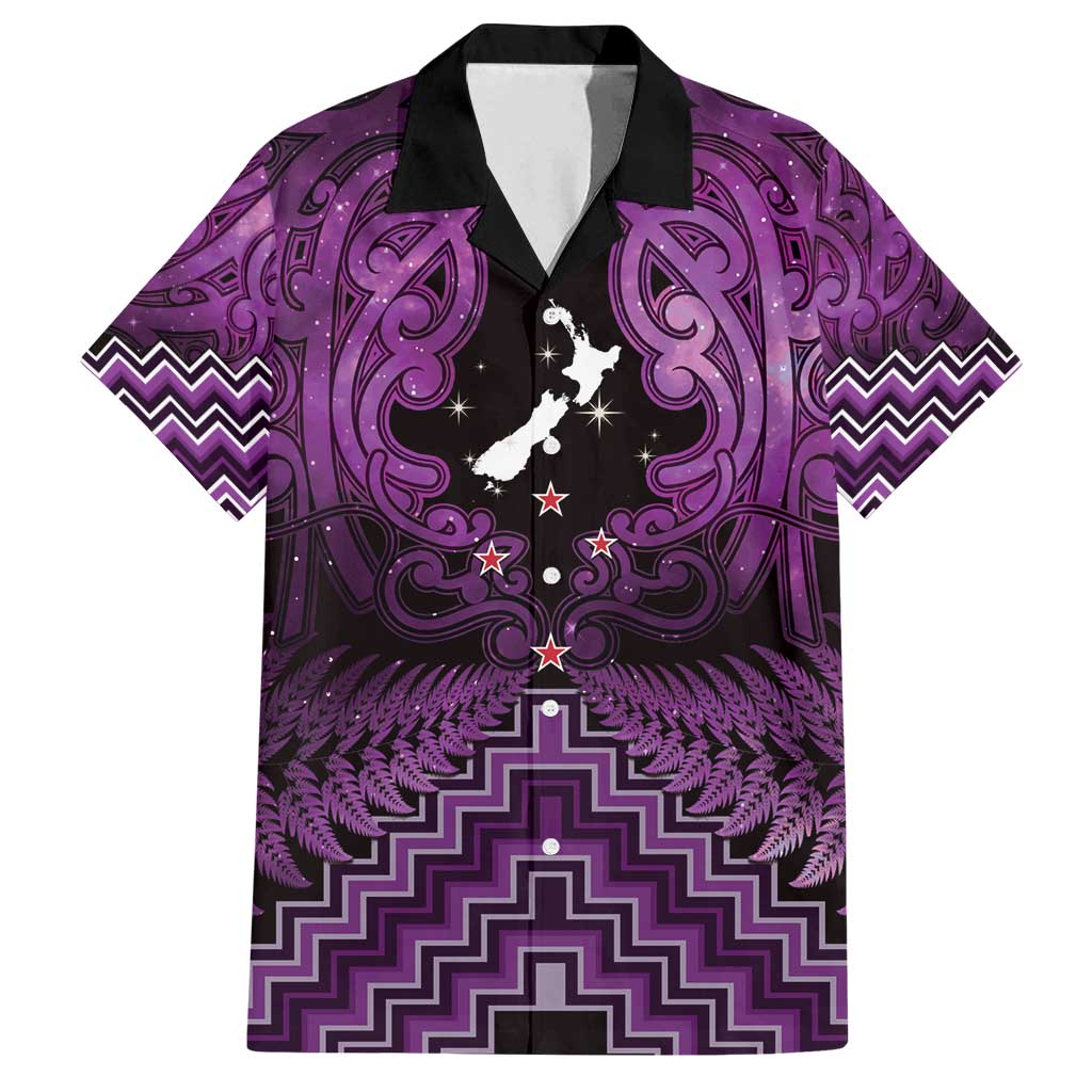 Personalised Aotearoa Matariki Family Matching Summer Maxi Dress and Hawaiian Shirt Purple Fern Maori Poutama LT01 Dad's Shirt - Short Sleeve Purple - Polynesian Pride