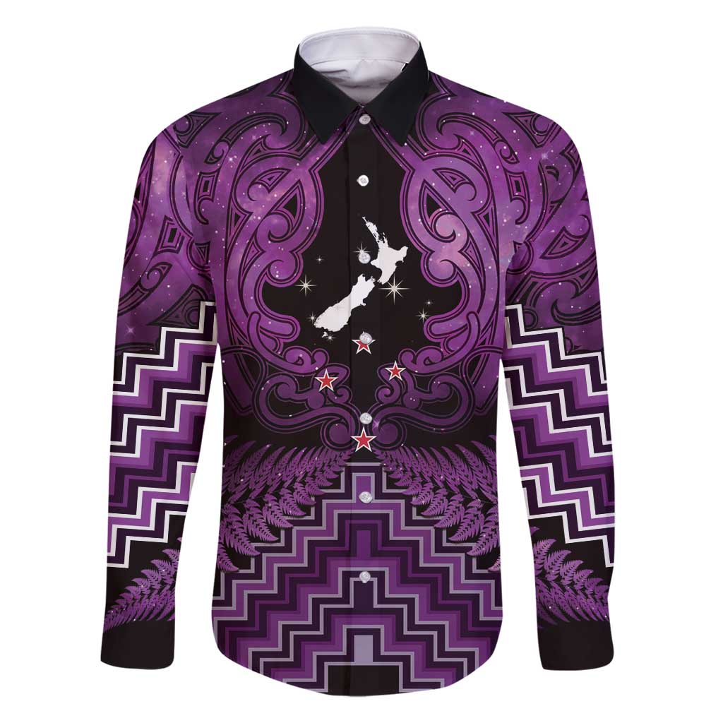 Personalised Aotearoa Matariki Family Matching Tank Maxi Dress and Hawaiian Shirt Purple Fern Maori Poutama LT01 Dad's Shirt - Long Sleeve Purple - Polynesian Pride