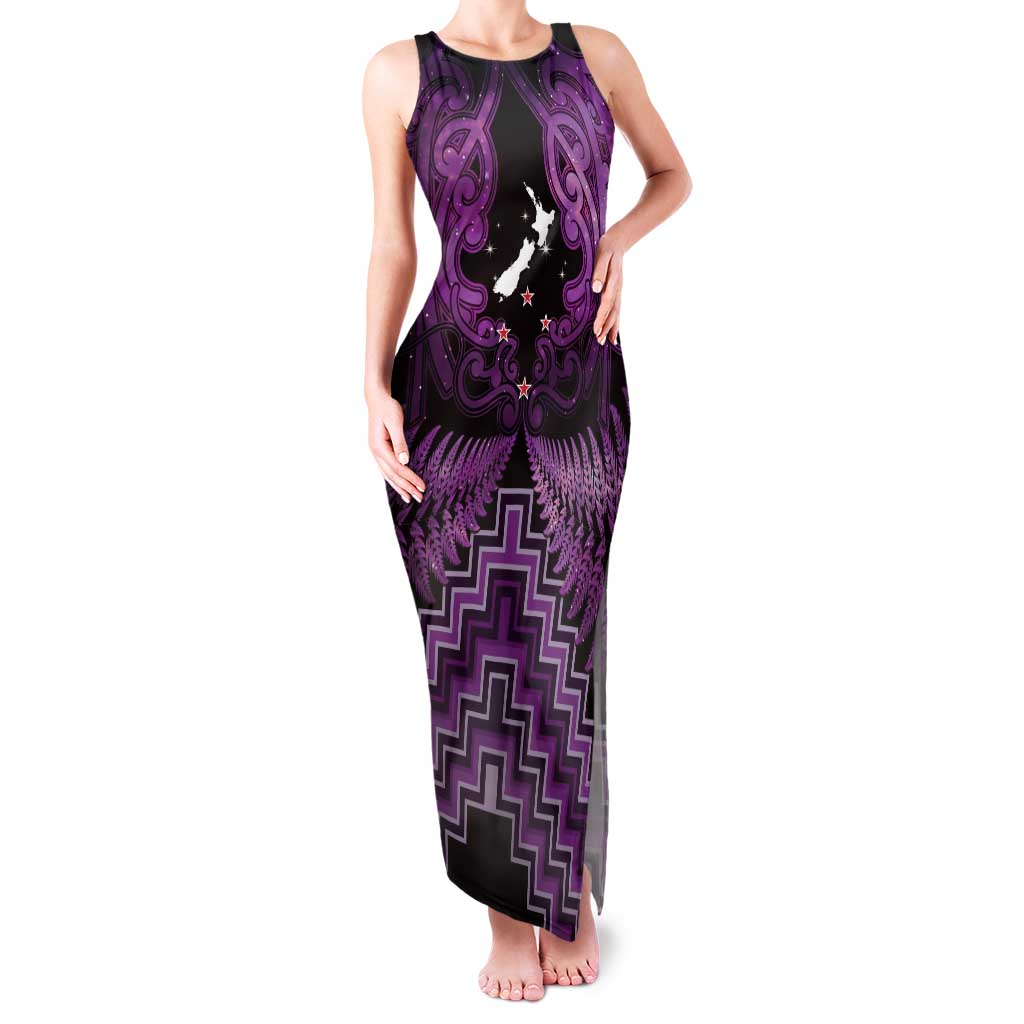 Personalised Aotearoa Matariki Family Matching Tank Maxi Dress and Hawaiian Shirt Purple Fern Maori Poutama LT01 Mom's Dress Purple - Polynesian Pride