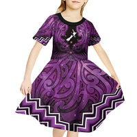 Personalised Aotearoa Matariki Kid Short Sleeve Dress Purple Fern Maori Poutama