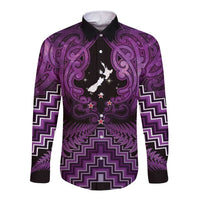 Personalised Aotearoa Matariki Long Sleeve Button Shirt Purple Fern Maori Poutama