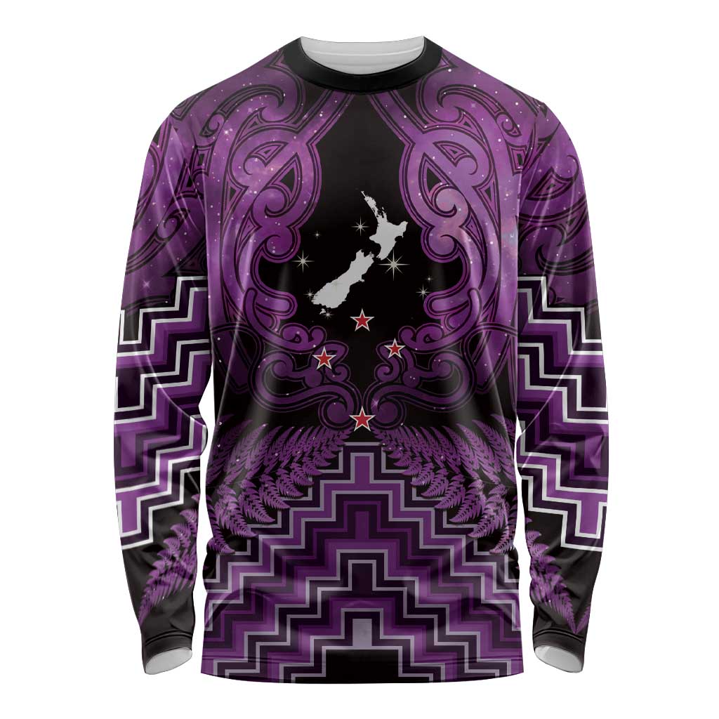 Personalised Aotearoa Matariki Long Sleeve Shirt Purple Fern Maori Poutama