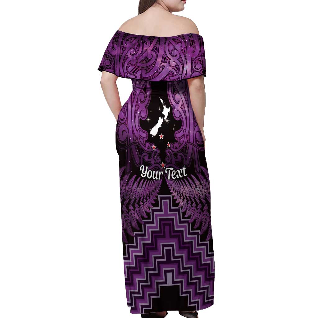 Personalised Aotearoa Matariki Off Shoulder Maxi Dress Purple Fern Maori Poutama