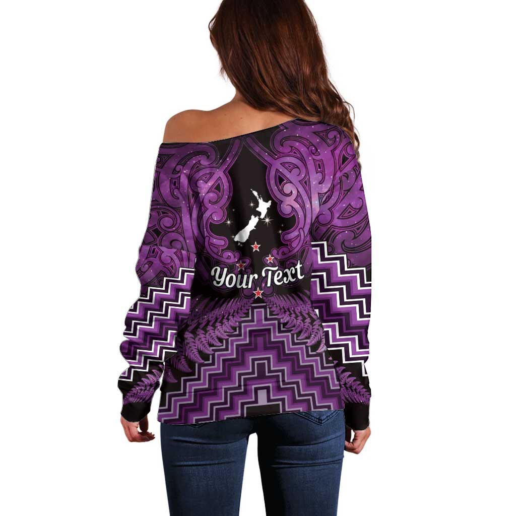 Personalised Aotearoa Matariki Off Shoulder Sweater Purple Fern Maori Poutama