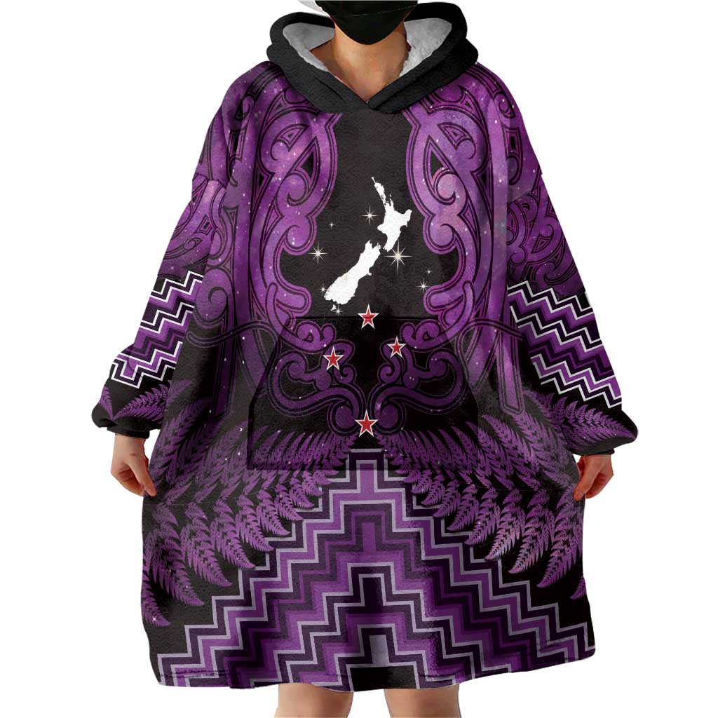 Personalised Aotearoa Matariki Wearable Blanket Hoodie Purple Fern Maori Poutama