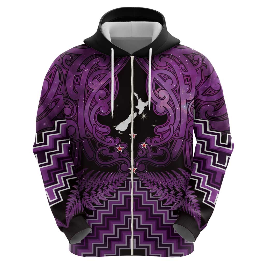 Personalised Aotearoa Matariki Zip Hoodie Purple Fern Maori Poutama