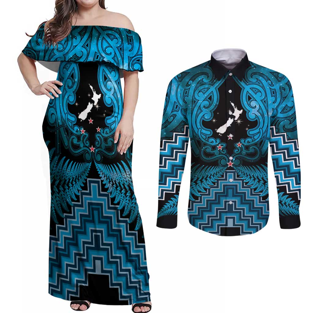 Personalised Aotearoa Matariki Couples Matching Off Shoulder Maxi Dress and Long Sleeve Button Shirt Turquoise Fern Maori Poutama LT01 Turquoise - Polynesian Pride