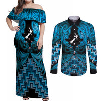 Personalised Aotearoa Matariki Couples Matching Off Shoulder Maxi Dress and Long Sleeve Button Shirt Turquoise Fern Maori Poutama LT01 Turquoise - Polynesian Pride