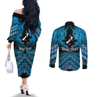 Personalised Aotearoa Matariki Couples Matching Off The Shoulder Long Sleeve Dress and Long Sleeve Button Shirt Turquoise Fern Maori Poutama