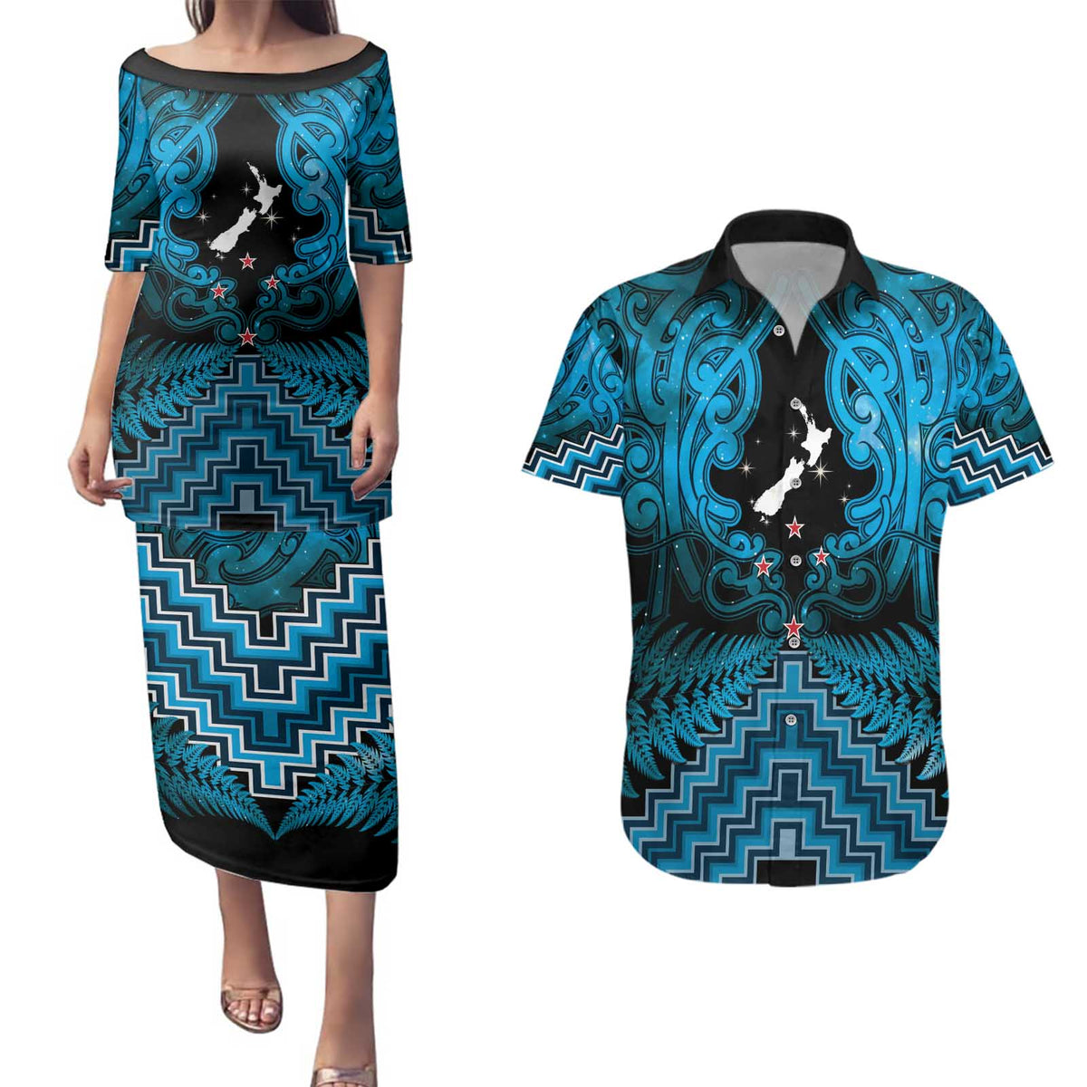 Personalised Aotearoa Matariki Couples Matching Puletasi and Hawaiian Shirt Turquoise Fern Maori Poutama