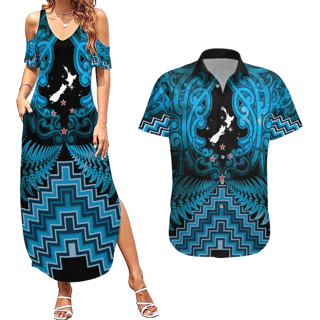 Personalised Aotearoa Matariki Couples Matching Summer Maxi Dress and Hawaiian Shirt Turquoise Fern Maori Poutama