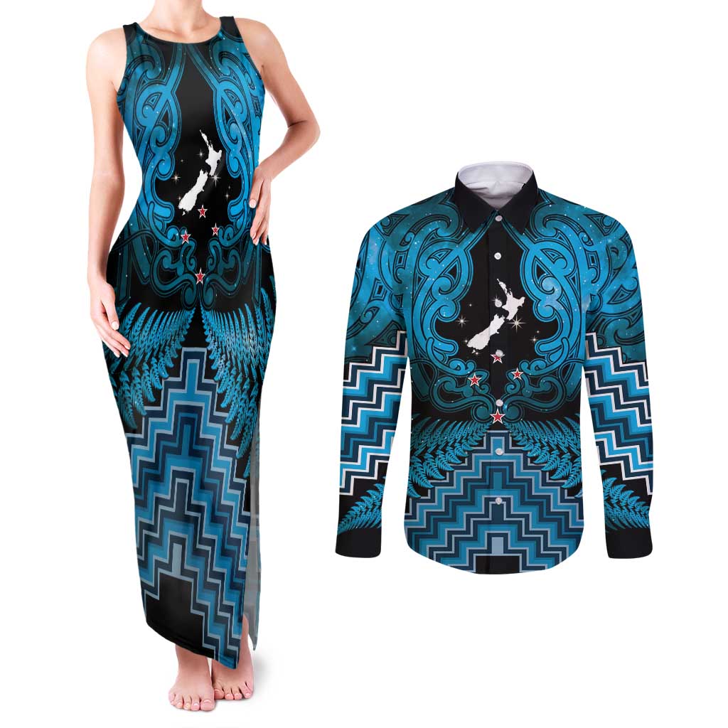 Personalised Aotearoa Matariki Couples Matching Tank Maxi Dress and Long Sleeve Button Shirt Turquoise Fern Maori Poutama LT01 Turquoise - Polynesian Pride