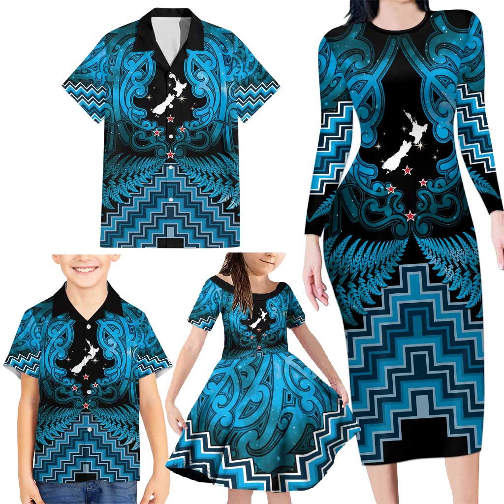 Personalised Aotearoa Matariki Family Matching Long Sleeve Bodycon Dress and Hawaiian Shirt Turquoise Fern Maori Poutama LT01 - Polynesian Pride